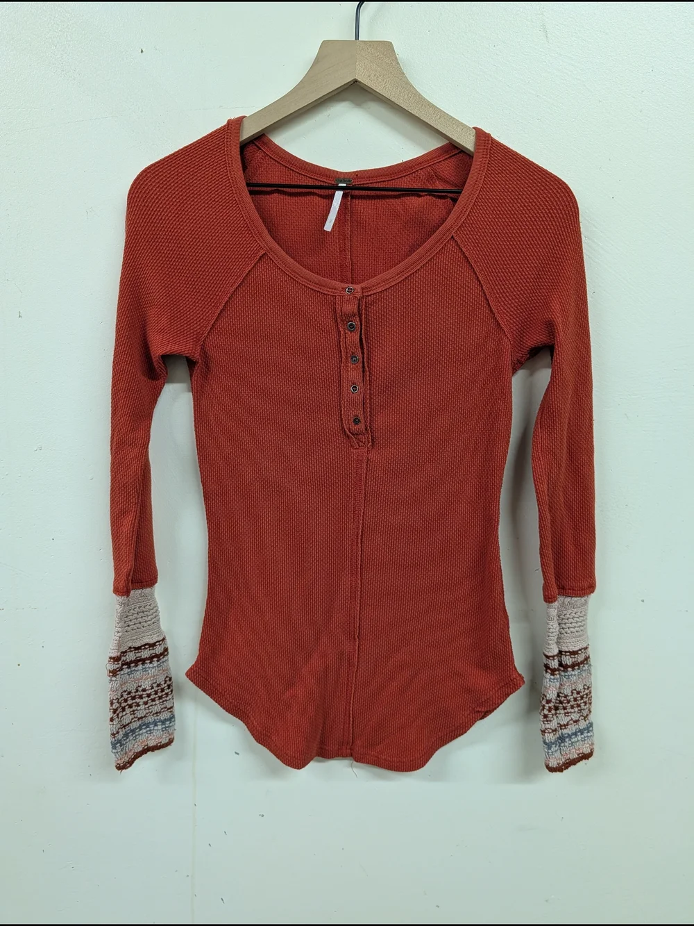 Free People Rust Henley Waffle Knit Long-Sleeve Top‎ with Patterned Cuffs